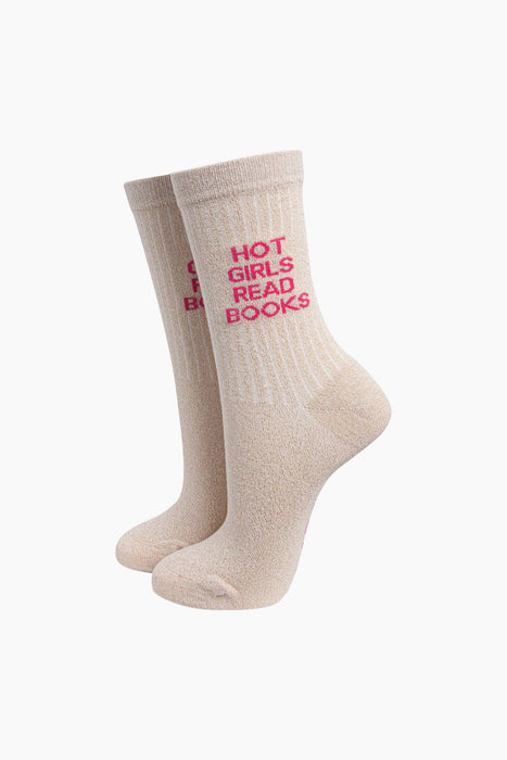 Hot Girls Read Books Combed Cotton Glitter Socks in Cream