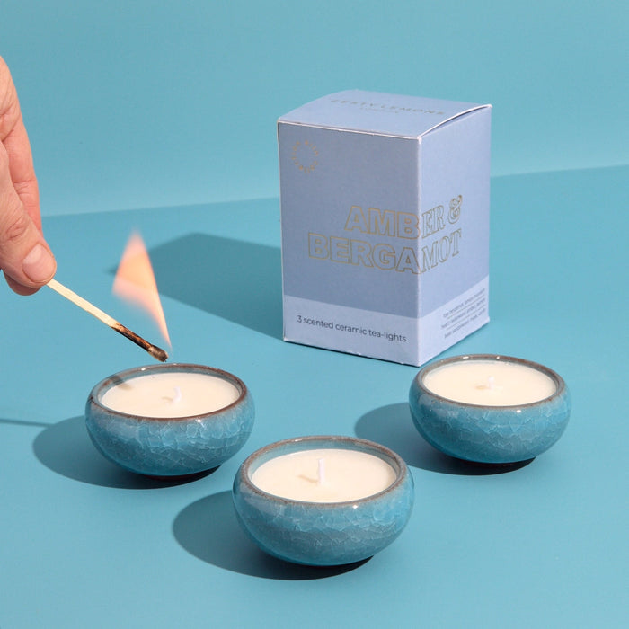 Contemporary Kiln Sky Blue Tea Lights - Amber & Bergamot