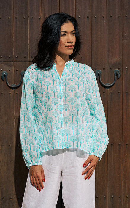 Luella Long Sleeve Blouse with Aqua Palm Trees