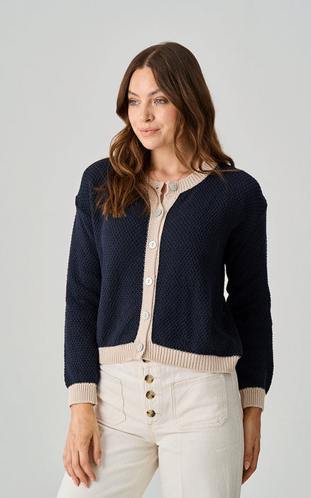 Sherston Cotton Button Up Cardigan Contrast Trim Navy/Neutral