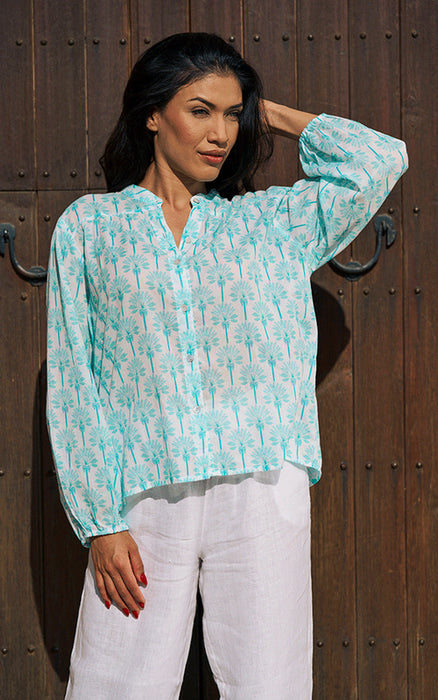 Luella Long Sleeve Blouse with Aqua Palm Trees