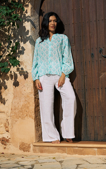 Luella Long Sleeve Blouse with Aqua Palm Trees
