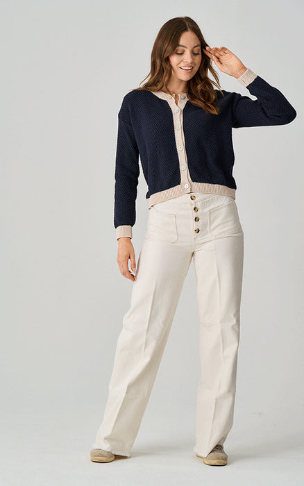 Sherston Cotton Button Up Cardigan Contrast Trim Navy/Neutral