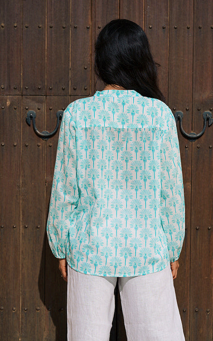Luella Long Sleeve Blouse with Aqua Palm Trees