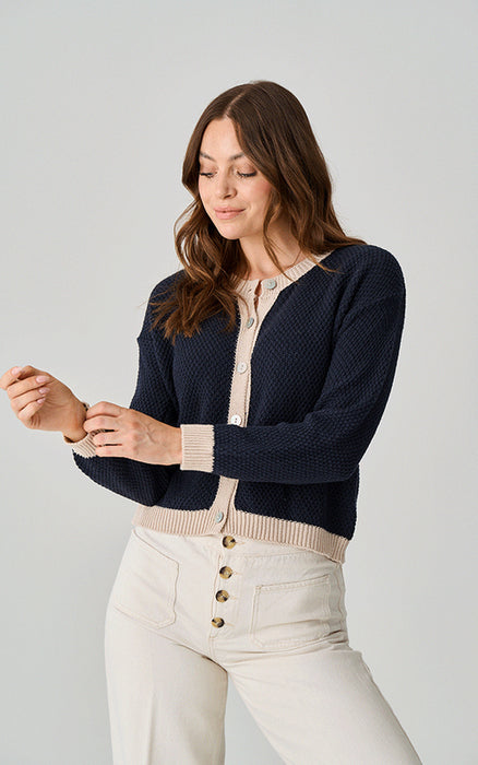 Sherston Cotton Button Up Cardigan Contrast Trim Navy/Neutral