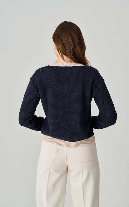 Sherston Cotton Button Up Cardigan Contrast Trim Navy/Neutral