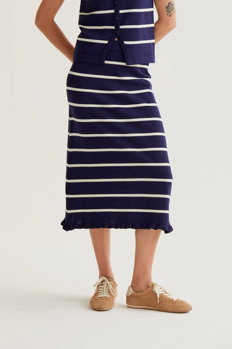 Navy and white striped knit midi skirt