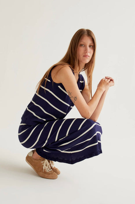 Navy and white striped knit midi skirt