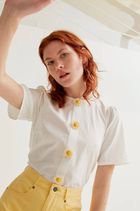 White Shirt with Floral Buttons