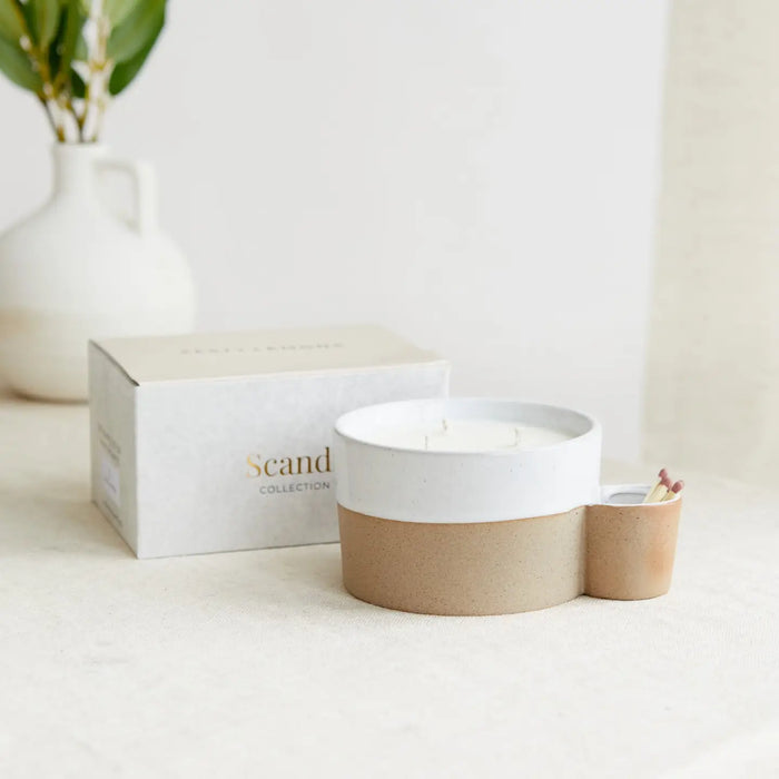 Scandi Two Toned Ceramic Candle with Match Holder - Lemon & Lavender