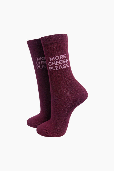 More Cheese Please Combed Cotton Glitter Socks in Wine